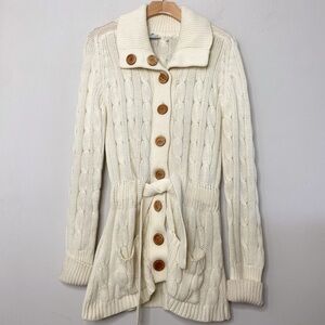Vintage 1970s Hand Loomed Long Belted Cream Cable Knit Cardigan Sweater | Small
